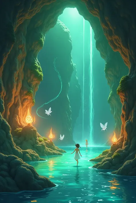 generates a cave background for a fairy tale with green and brown water colors, more lively and anime