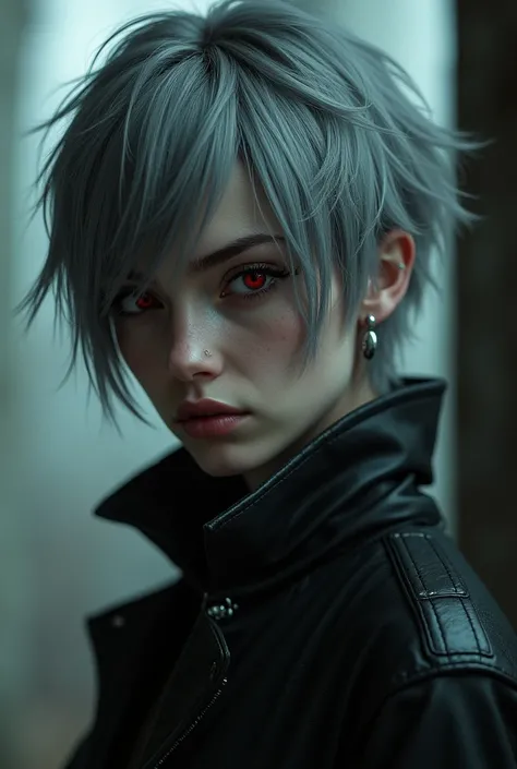 Girl with short hair, gray hair, red eyes, piercing in her mouth  