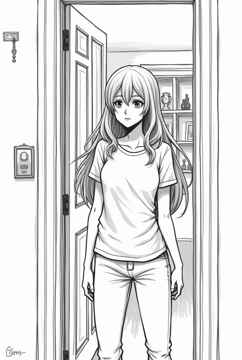 Create a lineart illustration Scenario: Arrival at the Behan Residence: Illustrate the moment when Marine re-enters the Behan residence, carrying her mixed emotions of longing, tension and fear. Her expression should convey the complexity of these feelings...