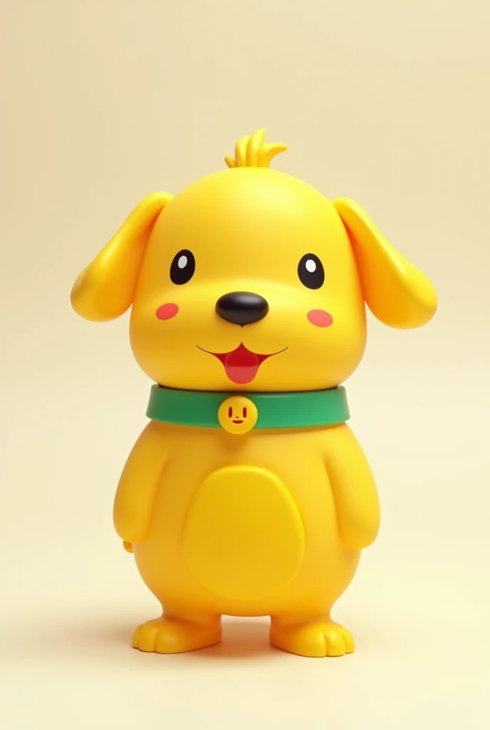 Toy dog like the brand "fisher price" chubby yellow with a green collar a yellow tag black dot eyes sticking out his tongue minimalist without much detail very basic, extremely very basic on its 4 legs