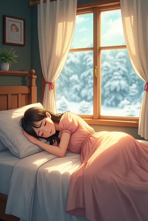 Studio Ghibli style, one room, a woman in a Puff sleeve dress, on the bed sleping ::-1 pale_skin ::-2 straight hair, the window is winter, soft light, picture-perfect, the interior creates a romantic atmosphere., UHD