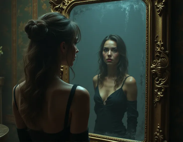 A woman looks at herself in a large mirror, but the mirror shows the image of two women.