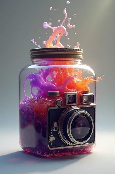 Camera shaped jar with purple and orange liquid