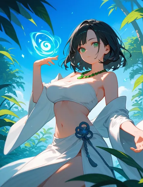 score_9_up,score_8_up, 1girl, Black Hair, green eyes, medium hair, bangs, (forehead:0.6), ((bare shoulders)), ((necklace)), (red beads:0.9), solo, (plants), blue sky, (stomach), hands, pose, white kimono, ((magic)), big breast,
