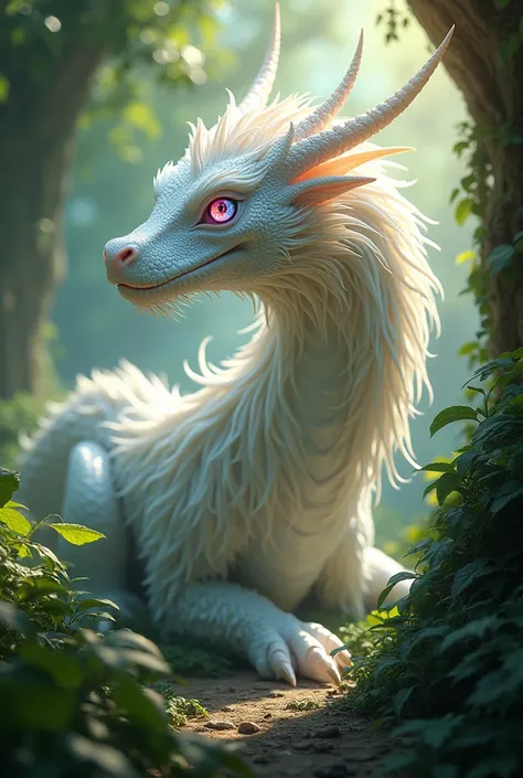 Full white female dragon with long hair and colorful eyes in jungle 