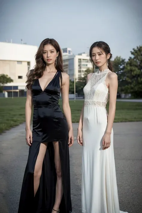 highest quality，ridiculous，Dramatic，2 Arav ladies wearing fashionable long dresses in realistic style，2 female students，Very detailed details of the face，Real skin texture，HD Skin，Night view，Standing in the school square, Still image of 007, Pageant render...