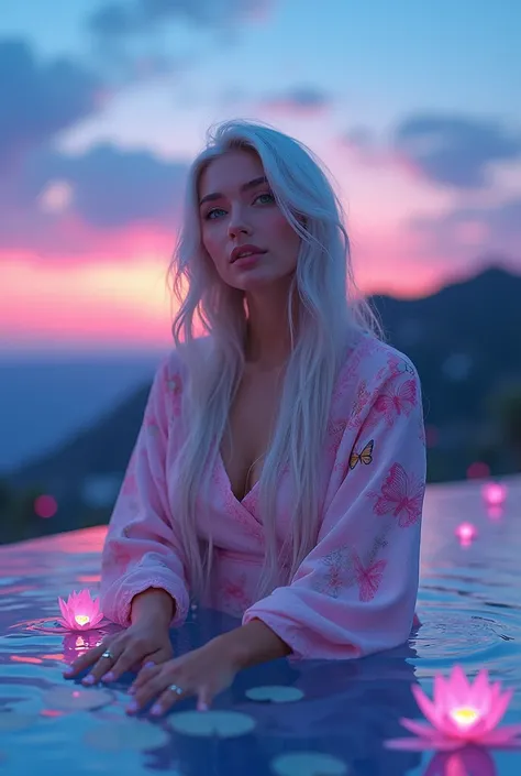 tan skin female with luminous green eyes nude lips wedding ring pink nails French manicure pink and white strawberry hair platinum long hair wearing a boohoo butterfly  kimono on the water edge looking at a beautiful neon sunset the water blue and purple p...