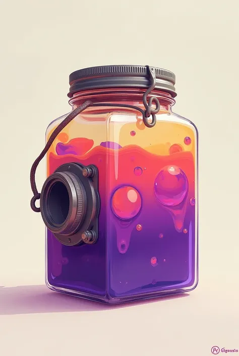 Camera shaped jar with purple and orange liquid 2D