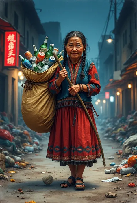 Adult grandmother in an Aymara skirt with two braids, head on, and with recycling tools on a dangerous street at night in Bolivia full of nightclubs collecting recyclable material carrying a huge bag on their backs wrapped in a sack with typical designs fu...