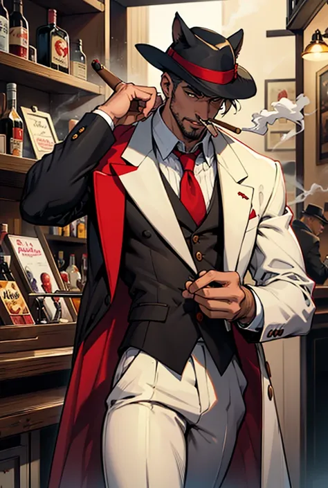 naughty man, blacksad ,seducer, white and red suit, White hat, Very beauthful, fundo bar, smoking a cigar, trickster, trickery