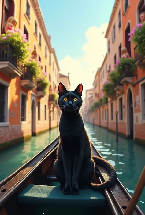 A black cat in a gondola through the canals of Venice on a sunny spring day. With the balconies full of flowers.
With blondes in bikinis watching the gondola go by