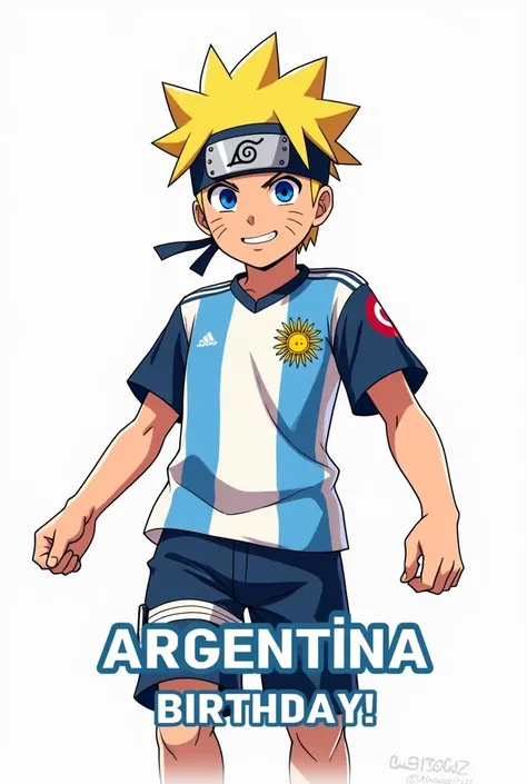 Narruto with the Argentine shirt with a white background and below he says happy birthday in Spanish 

