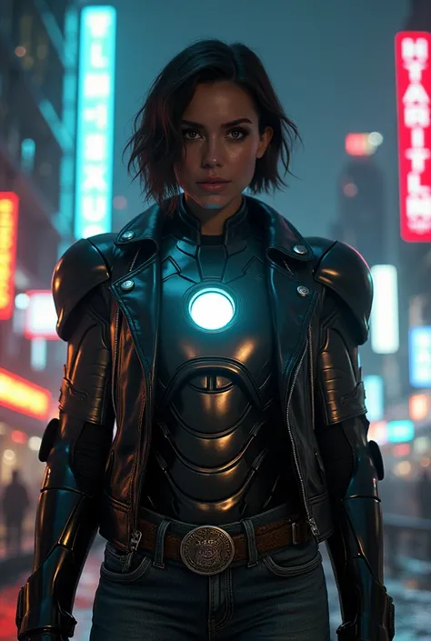 Portrait of Gldot as Iron Lady, iron man armor, shining armor beautiful face, short dark brown hair, In the cyberpunk city at night. He wears a leather jacket, jeans therefore, dramatic lighting, (Police badge: 1.2)