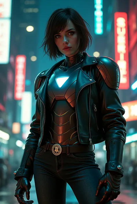 Portrait of Gldot as Iron Lady, iron man armor, shining armor beautiful face, short dark brown hair, In the cyberpunk city at night. He wears a leather jacket, jeans therefore, dramatic lighting, (Police badge: 1.2)