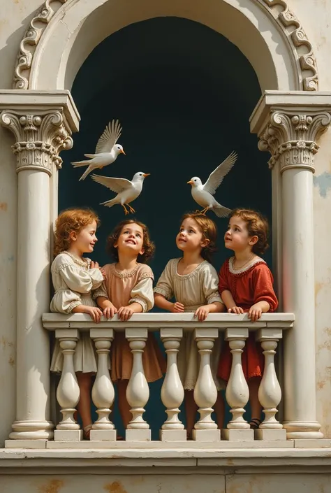 kids at balcony; pillars with vaulte arch; front view; with dress; caravaggio painting; white architecture; kids trying to get the birds at the top of guard; hight quality face 