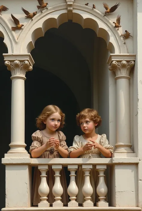 kids at balcony; pillars with vaulte arch; front view; with dress; caravaggio painting; white architecture; kids trying to get the birds at the top of guard; hight quality face 