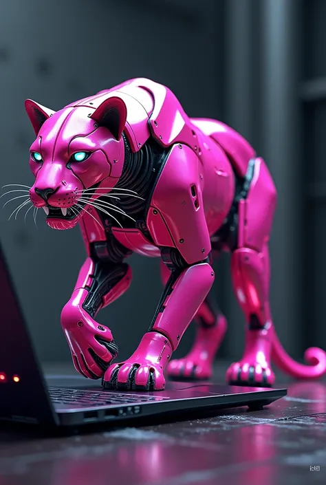 A pink electronic panther sitting on a laptop 
