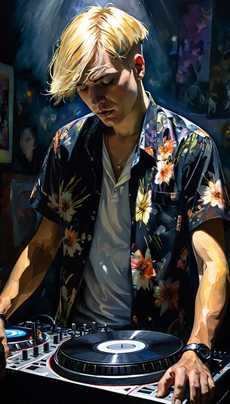 thin man, shaved blonde hair, small toupee, flowered shirt, dj, DJing, dynamic pose, lively audience, between shadows, oil painting, chiaroscuro, dramatic lighting, moody atmosphere, photorealistic, intricate details, masterpiece, ultra-detailed, high qual...