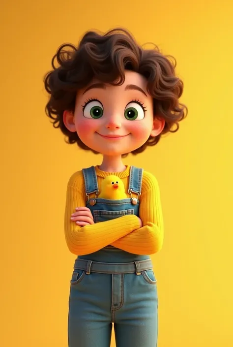 3d Pixar animation,1girl,named Daisy, short curly brown hair, green eyes, freckles, smiling, yellow sweater, overalls, arms crossed, small animated chick character, front pocket, yellow background, portrait, warm tone, cute style, soft lighting, youthful a...