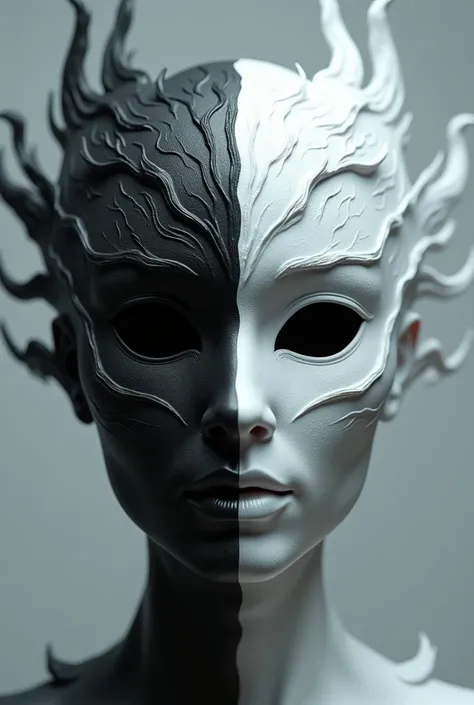 Create me a storm mask that is black on the right side and white on the left ONLY THE STORM MASK NO PERSON NO SWEATER NO NO GLASSES.