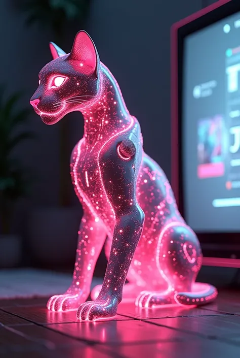 A pink electronic panther watching television 
