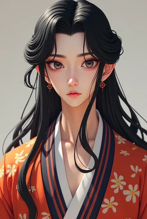 A man with long jet-black hair, fair skin, sharp eyes like a birds eyes, a high nose, a little pink on the tip of the nose, a little cupids bow mouth, wearing a bright Hanfu outfit, creating positive energy