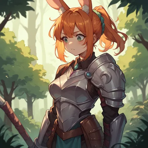 A female bunny kemonomimi scout with armor on is sneaking in a forest. she has orange hair