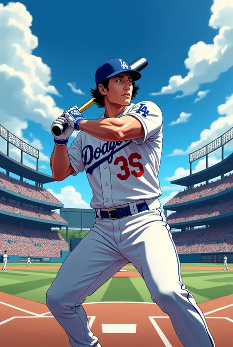 Othani batting in an anime style Dodgers uniform 