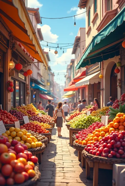 A street divided into two sides, one with fruits and one with sweets