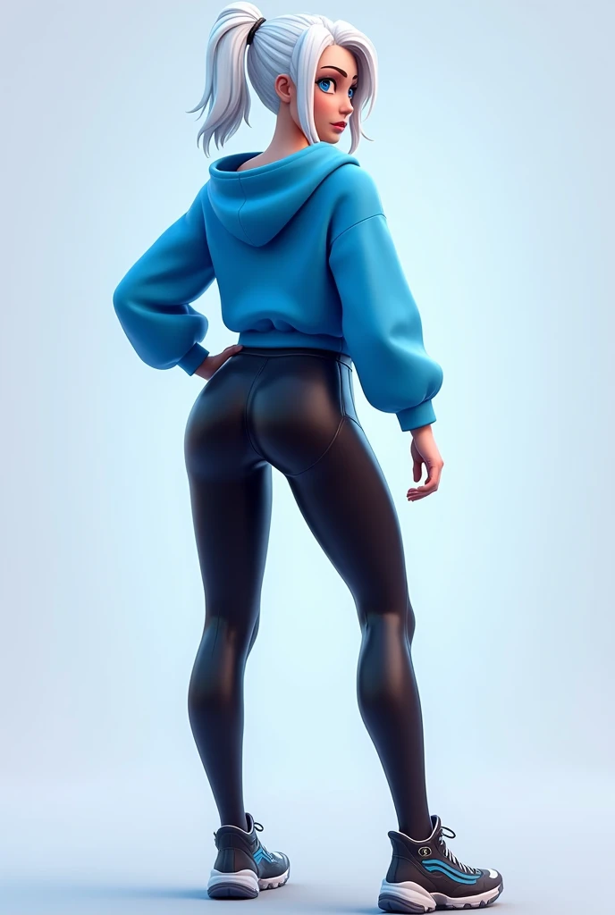 fortnite style girl with white hair blue eyes wearing allstar shoes blue sweatshirt sexy black leggings rear full body
