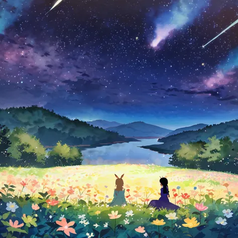 Flower Field, hiking, plateau, spring、fantastic night forest,many kinds of flowers,shining stars,fawn,glowing plants,medieval long dress,(sit in the bushes and look at the lake),mysterious dark night sky,watercolor illustration