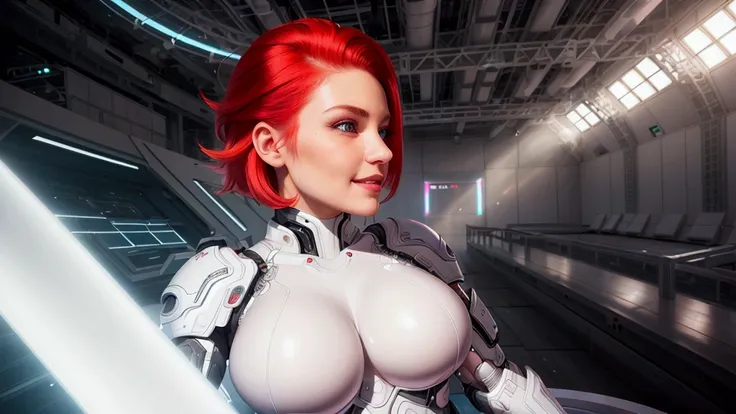 (best qualityer, ultra detali, photorrealistic: 1.39), bright and vibrant colors, studio lighting, romantic expression, white futuristic cyber clothes, platinum undercut, Red hair, breasts small, adjusting, shorth hair, mercenary, sorriso sexy