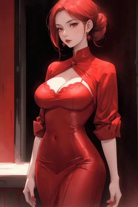 1 girl, standing alone,red theme,looking ahead at viewer,breasts big,portraite,from sideways,bad girl,((mature woman))