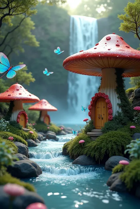 Mushroom houses standing by a waterfall and blue dragonflies 

