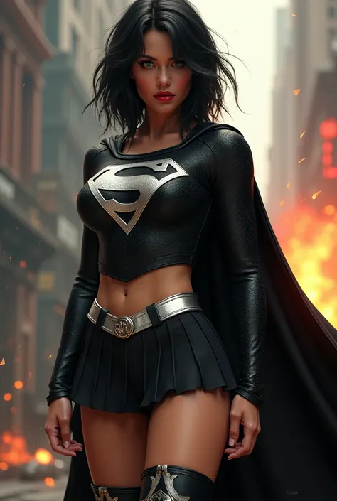 A BUSTY SEXY FEMALE WITH MEDIUM LONG MESSY BLACK HAIR, DREAMY GREEN EYES, WEARING A ONE PIECE BLACK SUPERGIRL TOP WITH A BIG SHINY SILVER "S" EMBLEM ON HER CHEST, A PLEATED SHORT BLACK SKIRT WITH A SILVER LEATHER BELT, LONG BLACK BOOTS WITH SILVER TRIM, AN...