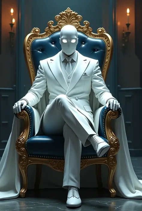 A heroic figure inspired by Moon Knight from Marvel, wearing a full white suit, including a white tie, white gloves, and polished white shoes. His cape elegantly drapes over the back of the chair as he sits on a large, regal throne with intricate gold and ...