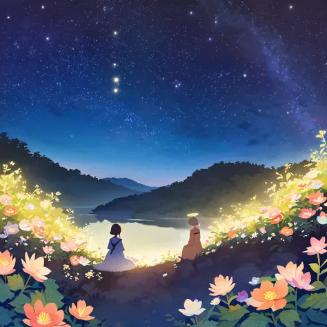 Flower Field, hiking, plateau, spring、fantastic night forest,many kinds of flowers,shining stars,fawn,glowing plants,medieval long dress,(sit in the bushes and look at the lake),mysterious dark night sky,watercolor illustration