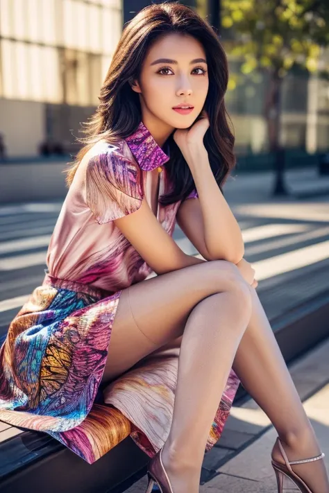 colorful shirt with collar、(Animal print long skirt:1.2)、(silk pantyhose)、(She is sitting, showing off her beautiful legs and high heels)、1 girl、(Delicate face、Detailed eyes and face、double eyelid、Glossy lips)、Moisturized skin、Highly detailed face and skin...