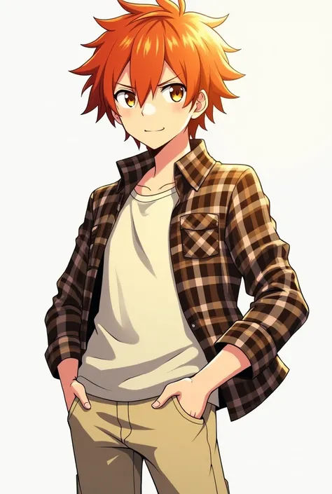 15 year old chuuya nakahara with orange hair from the anime bungo stray dogs with a cream and brown plaid shirt and cream skini cargo style pants 