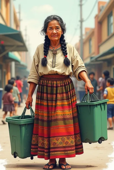 Adult recycling woman grandmother in Aymara skirt with two braids, head on, and with recycling tools leaving their children at the city school in an illustration style with ink and watercolor