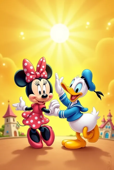 Create a yellow background image decorated with Minnie Mouse and Donald Duck., pata deysi and mickie Be creative with minnie&#39;s house or anything from the cartoon that you can