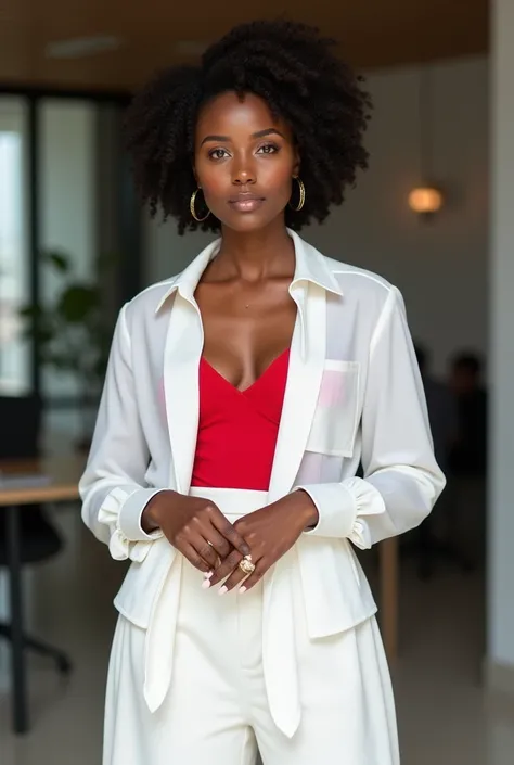 Ghanaian business woman With White  open shirt, Red bra and White elegant skirt full body 