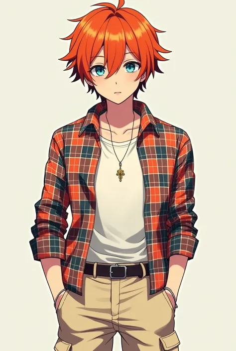 Chuuya Nakahara with orange hair and blue eyes from the anime Bungo Stray Dogs with a cream-colored plaid shirt and cream-colored skini cargo pants, cholo Mexican