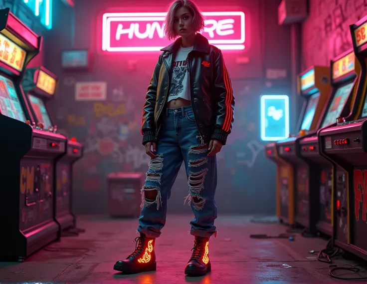 [Subject: Outfit Photography] A photorealistic image capturing a person wearing a stylish outfit consisting of a black leather jacket with neon red stripes, paired with distressed, high-waisted jeans adorned with digital patches. The outfit is completed wi...