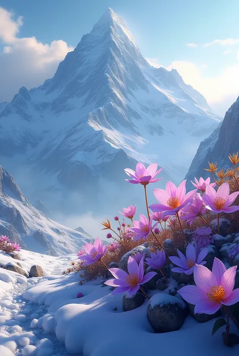 Music flowers, dragon scale flowers at the foot of a snow mountain
