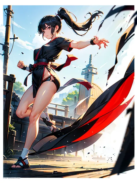 One person, Karate Stance,High Kick,Black Hair, ponytail, Slim body,Small breasts,Bad mood, Slanted Eyes, Character profile, Vanishing Point, Ultra Wide Angle, Japanese illustration style, 