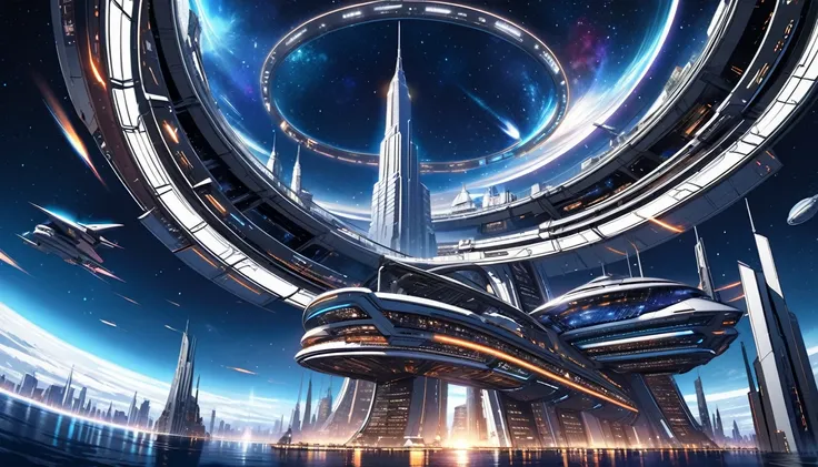 Futuristic metal building, bright lights, sailing in deep space, Futuristic Empire State in Space.