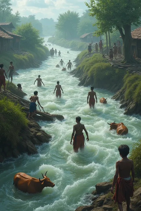 There are many streams of water, some people, small cows are drowning and some are floating on the water