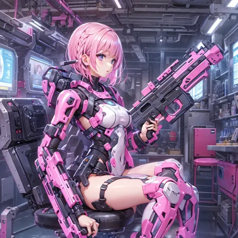 android、cute、girl、pink hair、bobcut、braids on the sides、machine body、beautiful body lines、gun of the future、back、too much exposed...