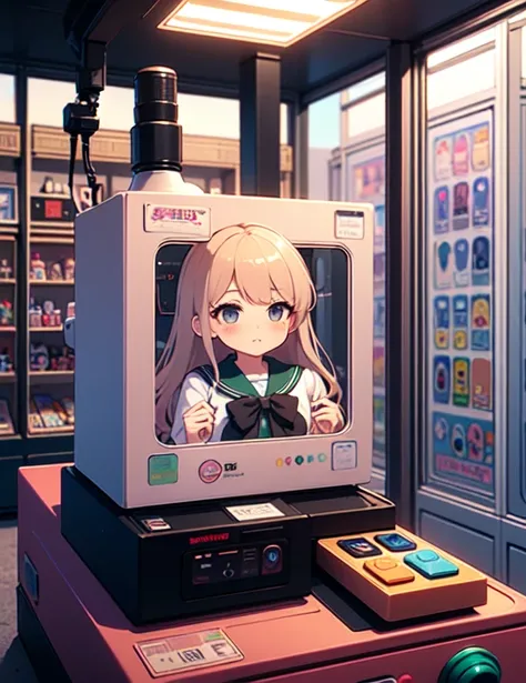 (((masterpiece))), (((Highest quality))), ((Claw Machine)), Place your hand on the bottom panel, Operate the long joystick、Press the button, Use the clamp to lift the toy, One person, Komi Shoko, shy, blush, school uniform, Claw Machine,  Rear View,